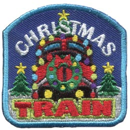 The front of a train is decorated with a wreath and lights. The words Christmas Train are above and below. Two trees frame either side.