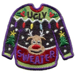 An ugly Christmas sweater with a reindeer face on it and the words Ugly Sweater stitched into the top and bottom.
