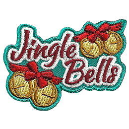 The word Jingle Bells has a set of yellow ball bells with a red ribbon to the top right and bottom left.