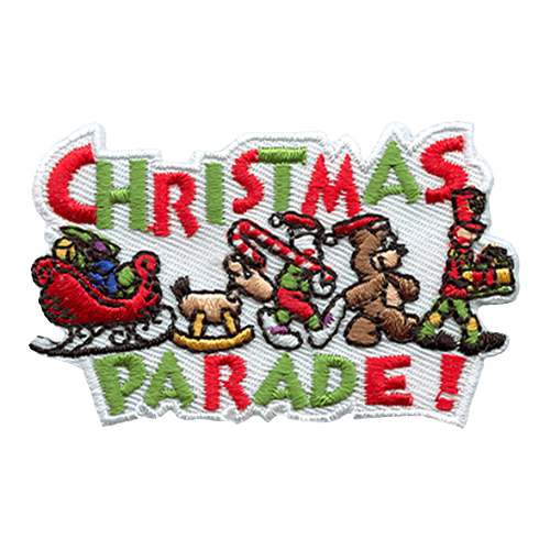 The words Christmas Parade surround a marching nutcracker, teddy bear, snowman, rocking horse, and sleigh.