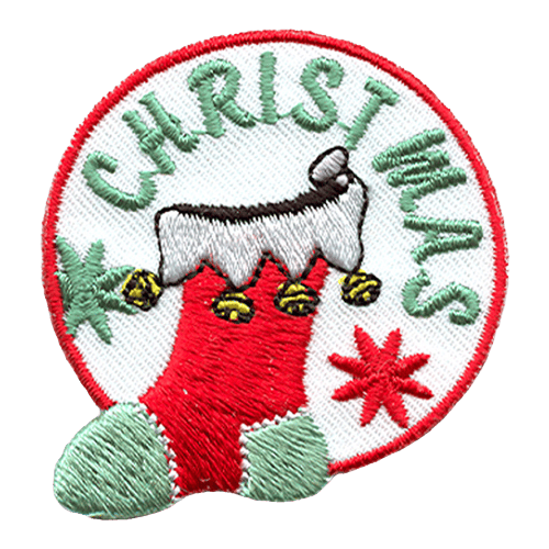 A red and green stocking with gold bells hanging off a round patch. The word Christmas is written above.