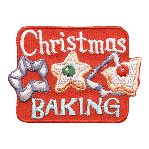 The words Christmas Baking surround two cookies and two cookie cutters on a red background.