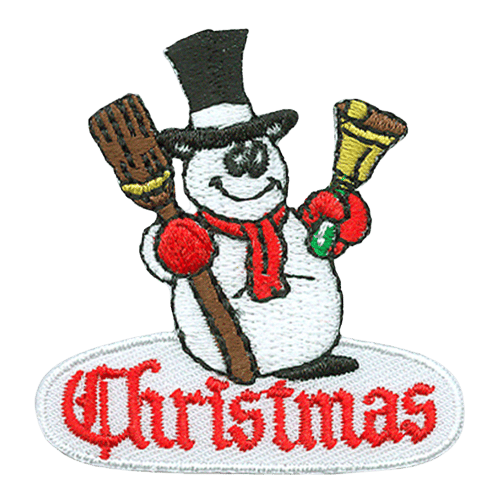 A snowperson holds a broom and a bell. Christmas is stitched under them.
