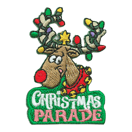 A reindeer with a bright red nose smiles happily with his antlers tangled in Christmas lights and a star on top his head. The words 'Christmas Parade' are embroidered underneath.