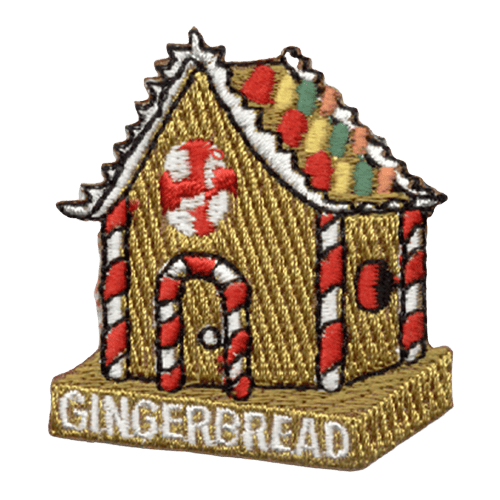 A gingerbread house with candy cane decorations. The word Gingerbread is written on the base.