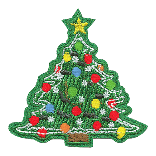 A Christmas Tree decorated with yellow, red, blue, and green balls. A yellow star is at the top.