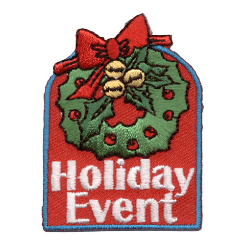 A wreath with bells and tiny red flowers on it. The words Holiday Event are stitched below. 