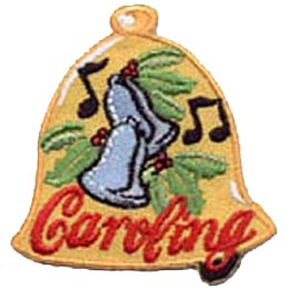 This golden bell patch has two silver bells decorated with the red berries and green leaves of holly. Two music notes accompany the bells and the word 'Caroling' is embroidered in red at the base of the gold bell.