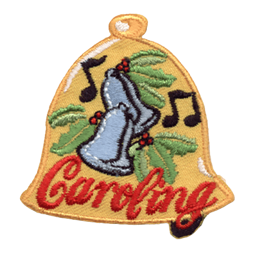 Golden bell patch, two silver bells decorated with holly. Two music notes accompany the bells, and red letters spell Caroling.