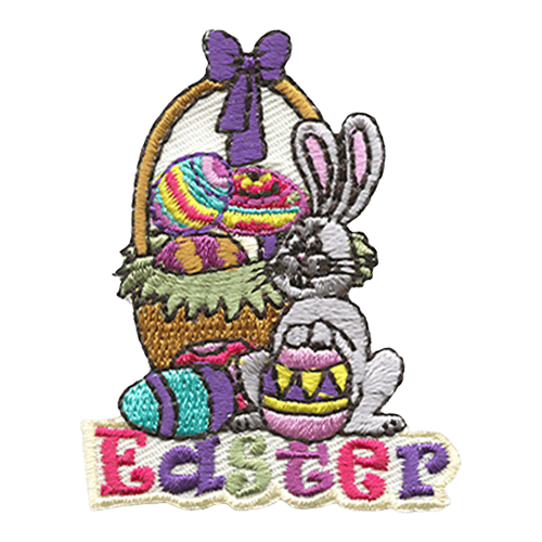 An Easter basket is overflowing with colourfully dyed eggs. A cartoon bunny sits in front of the basket holding a pink, purple, and yellow egg.