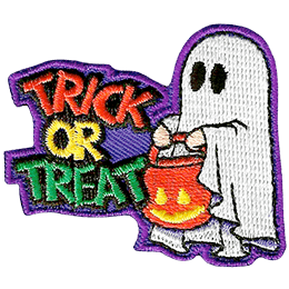 A ghost holds a jack-o-lantern treat basket next to the words Trick Or Treat.