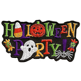 The words Halloween party with a ghost, pumpkin and candy corn replacing some of the letters.