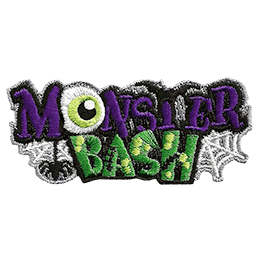 The words Monster Bash are stacked on top of each other, surrounded by spider webs and a bat. The O in monster is an eyeball.