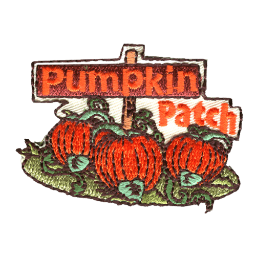 A pumpkin patch with three big orange pumpkins. Pumpkin Patch is stitched onto a sign above.