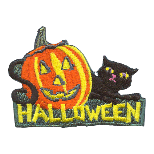 A large, smiling pumpkin sits next to a black cat. The word Halloween is stiched below.