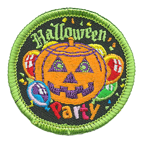 A carved pumpkin with balloons around it. The words Halloween Party are above and below.