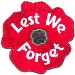 Lest We Forget, Remember, Remembrance Day, Poppy, Veteran, War, Peace, Patch, Embroidered Patch, Merit Badge, Crest, Girl Scouts, Boy Scouts, Girl Gui