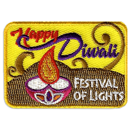 This rectangular yellow patch has the words Happy Diwali at the top and Festival of Lights at the bottom next to a candle with a round base.