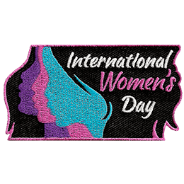 This rectangular patch shows the side profile of three women in a row. In their hair rests the words International Women's Day.