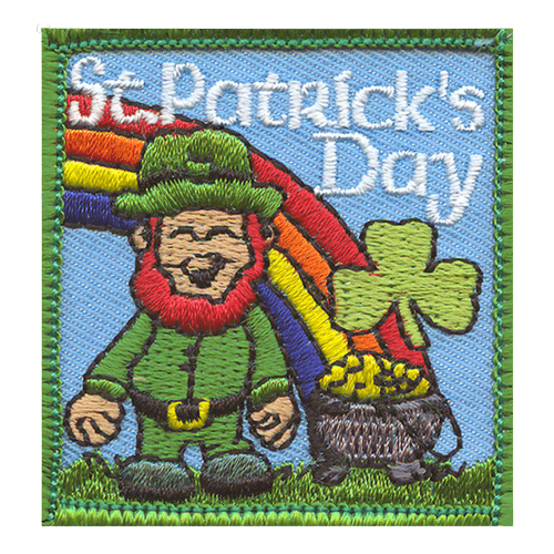 A smiling leprechaun stands next to a pot of gold at the end of a rainbow. St. Patrick's Day is stitched at the top.