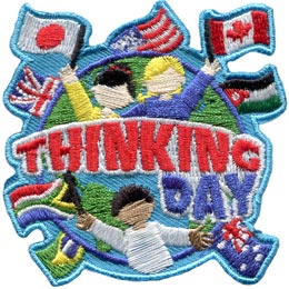 Kids, Flags, Think, Thinking Day, Feb. 22, February 22, Baden-Powell, World, Globe, Friend, Patch, Embroidered Patch, Merit Badge, Badge, Emblem, Iron On, Iron-On, Crest, Girl Scouts, Boy Scouts, Girl