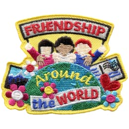 Three people stand side by side, holding a banner that says Friendship. Below them is a globe with the words Around the World on it.