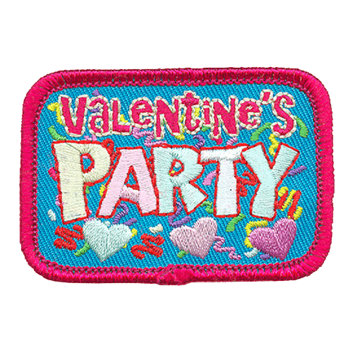 The words Valentine's Party are surrounded by confetti and hearts.