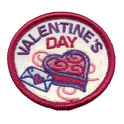 This round, red-bordered crest has an image of a heart-shaped box of chocolates with a heart-sealed envelope beside it. At the top are the words Valentine's Day.