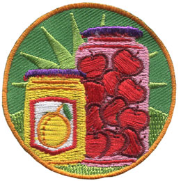 Baking, Canning, Pickles, Fruit, Vinegar, Jar, Mason. Preserve, Patch, Embroidered Patch, Merit Badge, Badge, Emblem, Iron On, Iron-On, Crest, Lapel Pin, Insignia, Girl Scouts, Boy Scouts, Girl Guides