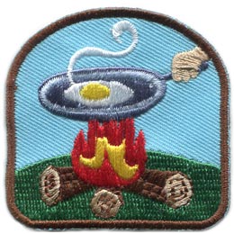 Campfire, Cook, Pan, Egg, Log, Camp, Food, Patch, Embroidered Patch, Merit Badge, Badge, Emblem, Iron On, Iron-On, Crest, Lapel Pin, Insignia, Girl Scouts, Boy Scouts, Girl Guides
