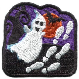 Ghost, Walk, Foot, Prints, Moon, Bat, Tree, Halloween,Patch, Embroidered Patch, Merit Badge, Badge, Emblem, Iron On, Iron-On, Crest, Lapel Pin, Insignia, Girl Scouts, Boy Scouts, Girl Guides
