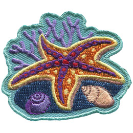 An orange and purple starfish is sprawled out on top of a coral reef. Two shells are next to it, there is coral in the background.
