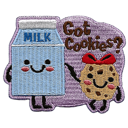 A small milk carton and a chocolate chip cookie stand hand in hand. The text 'Got Cookies?' sits in the top right of the crest.