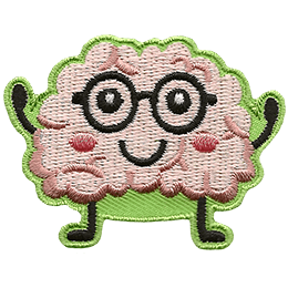 A wrinkly, pink brain wears glasses and thrusts both of its cartoon fists triumphantly in the air.