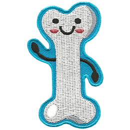 This patch is in the shape of a typical cartoon bone. The bone waves with one of its hands and wears a big, U-shaped smile. Two round dots form its eyes, and pink blush colours its cheeks.