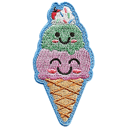 Mint and strawberry ice cream scoops stacked on top of each other with adorable kawaii smiles.