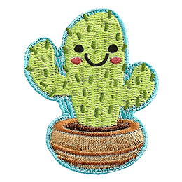 A cute two-branch cactus smiles as it grows out of a clay bowl.