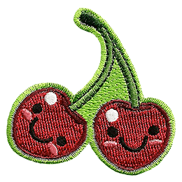Two red cherries are attached together at the stems. Both cherries have dots for eyes and a big U-shaped smile.
