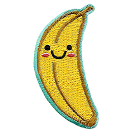A banana stands upright. Two black dots make its eyes; a big U forms a smile, and pink blush colours the banana's cheeks.