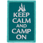 The words Keep Calm And Camp On on a green background with a silhouette of a tent.