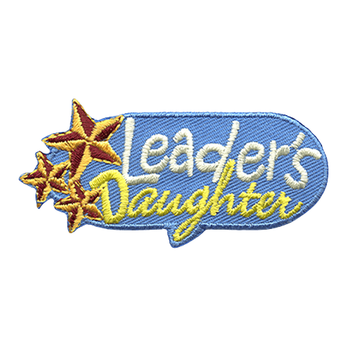 Three metallic stars decorate the left side of this oval patch. The word Leader's is written above the cursive written word Daughter.