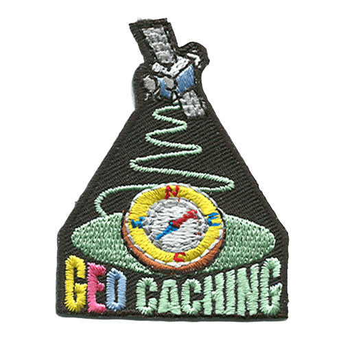 A satellite is sending a signal down to Earth where a compass rests in the grass. The words Geo Caching are stitched below.