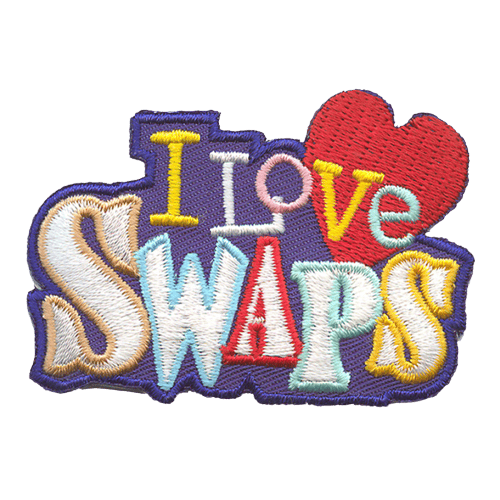 The words I Love Swaps are embroidered against a purple background. A large red heart sits behind Love.