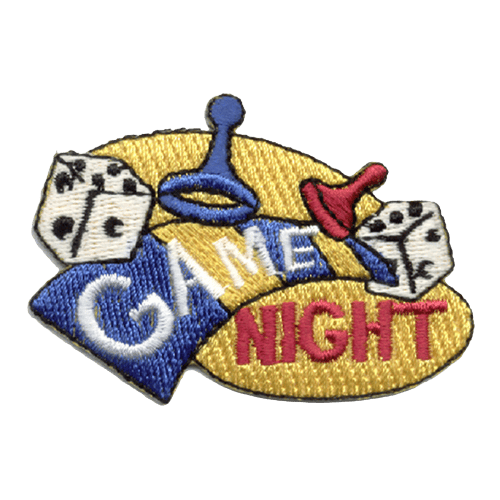 The spotlight is on a strip of a board game with repeating blue then yellow squares. Plastic game pieces and dice fly as if the board has been bumped. The word ''Game'' is written on the game board and ''Night'' in the spotlight that shines underneath the game board.