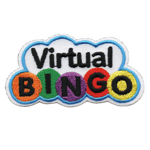 This cloud shaped crest has the words Virtual Bingo inside it. Each letter of Bingo is inside a colourful ball.