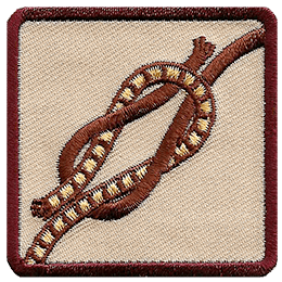 This square badge displays step three on how to make a square knot. Now just tighten the knot, and you're done.