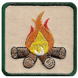 This square badge is part one of a three-part collection that displays a growing campfire. A medium yellow-orange flame burns on top of logs in this green-bordered patch.