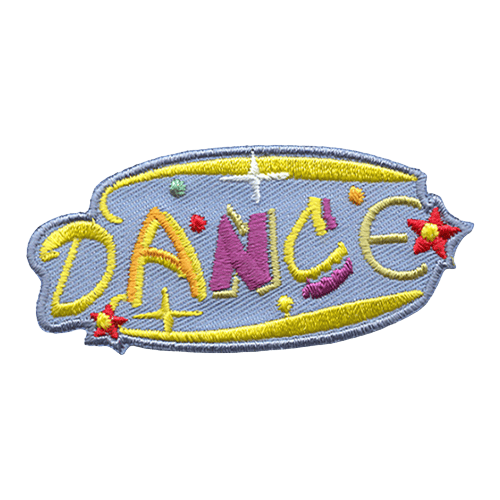 The word DANCE is stitched in yellow with stars and confetti behind it.