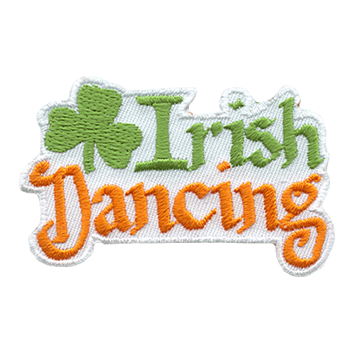 The words Irish Dancing are embroidered in green and orange. A three-leafed clover is next to Irish.