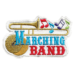 A golden trombone and cymbals are next to the words Marching Band. Music notes are coming out of the trombone.